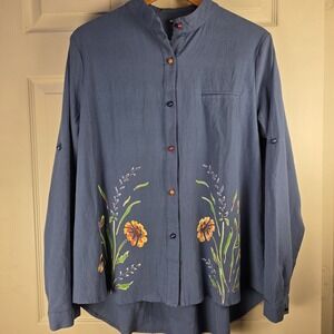 VTG Women's XL Blue Floral Blouse High Collar Long‎ RollUp Sleeves ButtonUp Art